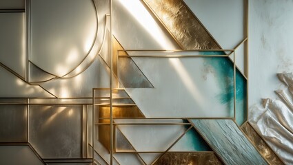 Canvas Print - A wall covered in white, gold, and teal geometric textures