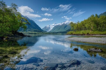 Poster - A serene mountain lake surrounded by lush greenery and a majestic mountain in the background, perfect for nature-inspired designs or travel brochures