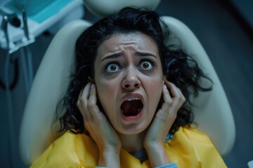 Sticker - A woman is sitting in a dentist chair with her mouth open, ready for a dental examination or treatment