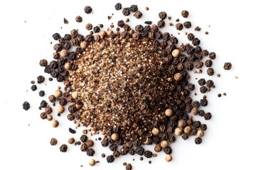 Sticker - A pile of black pepper seeds scattered on a white surface, ideal for use in food or spice photography