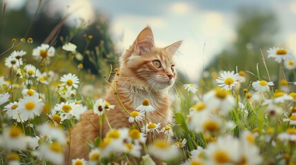 Wall Mural - cute ginger cat sits in daisy flowers