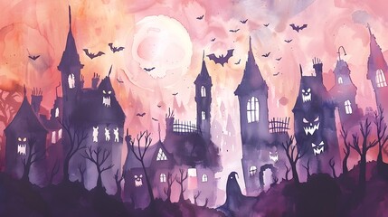 Watercolor Illustration of a Spooky Town With Ghosts and Buildings