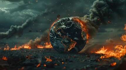 Sticker - Earth globe collapse, burning, destroyed by fire. Conceptual illustration of global warming, caused by the excesses of the world of finance and industry