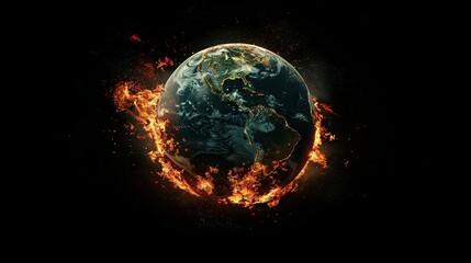 Sticker - Earth globe collapse, burning, destroyed by fire. Conceptual illustration of global warming, caused by the excessive exploitation of global finance and industry