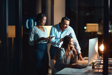 Aufkleber - Business people, thinking and night with computer for deadline, project or brainstorming design at office. Group of creative employees working late on technology for team or startup at workplace
