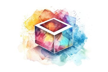 Poster - A vibrant watercolor painting of a geometric cube with bright colors and subtle texture