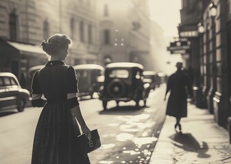 Wall Mural - elegant young woman walking in an European street in 1948. monochromatic vintage