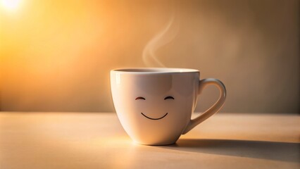 Wall Mural - White ceramic cup with cheerful upward curve smile on a soft beige background highlighting warmth and inviting morning atmosphere.