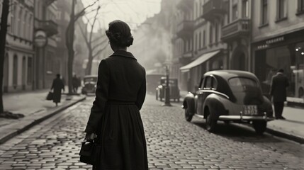 Wall Mural - elegant young woman walking in an European street in 1948. monochromatic vintage