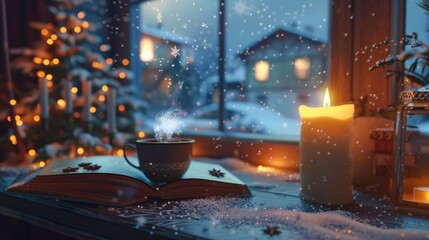 Aufkleber - A warm cup of coffee sits next to a lit candle on a table, creating a cozy atmosphere