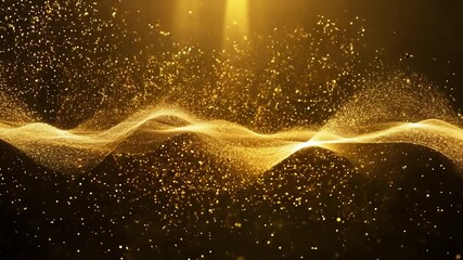 Poster - Golden particles are flowing and forming an abstract wavy shape. Perfect for projects related to luxury, technology, or science