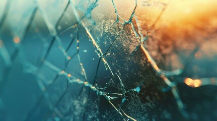 Poster - A close-up view of a broken glass window with shards scattered around