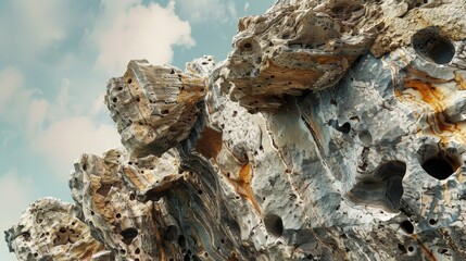 A close-up of a rocky surface featuring natural holes and crevices