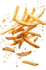 Poster - A pile of crispy french fries on a clean white surface, perfect for food photography or as a prop in still life compositions