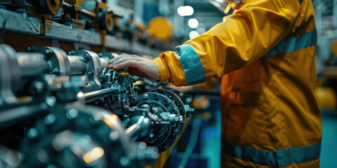 Wall Mural - Engineer in protective gear working on machinery in a factory setting, showcasing industrial labor and mechanical engineering.