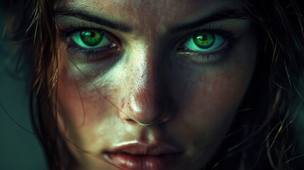 Sticker - Face of an attractive young woman, beauty with green eyes and intense look, expressive close-up portrait on dark background