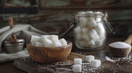 White sugar in a wooden bowl with sugar cubes and granulated pieces kneeling on a dark wood board