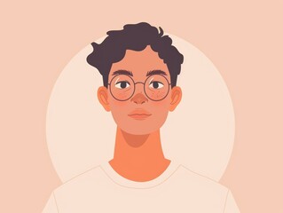 Wall Mural - Flat Design Portrait of Young Man with Curly Hair and Glasses. Generative AI.