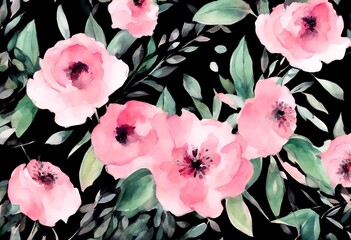 Wall Mural - watercolor dark pink concept background textile flower branches nature drawing postcards events greeting pattern flowers dding illustration invites spring watercolor black leaves 