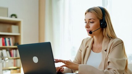 Poster - Woman wearing a headset talking using laptop computer