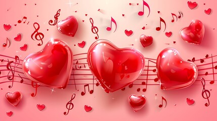 Canvas Print - A pink and red background with shiny hearts and musical notes.