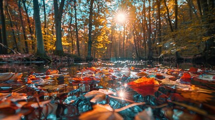 Wall Mural - Fall season landscape, fallen leaves floating on water and autumnal sun through tree foliage - Autumn seasonal background