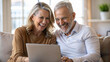 © NewFresh  - Happy senior couple using laptop at home. Mature man and woman sitting on sofa in living room, using computer, looking at screen, smiling. Technology concept