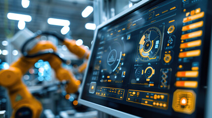 A computer display with a modern factory floor in the background