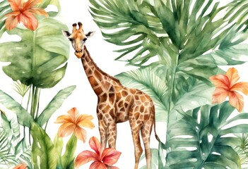 Wall Mural - paint aloha fabric art perfect exotic design set tropical elements plant botany jungle drawn tree palm leaf tropics brazil hand tropic floral monkeys giraffe watercolor plants