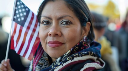 Sticker - Female immigrant holding a small US flag the day of her naturalization ceremony