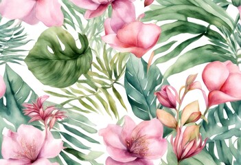 Wall Mural - decoration watercolor orchid palm roses branche white flowers fern reddening lilies floral pink illustration gold element tropical botanical fan treebranch leaf eucalyptus elements illustrations