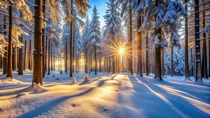 Poster - Winter morning sun shining on snow-covered forest, winter, morning, sun, shining, snow, forest, trees, cold, serene, peaceful