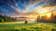 © Sujid - Serene landscape panorama of a sunrise over a lush forest and meadow, panorama, sunrise, landscape, forest, meadow, serene