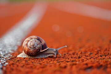 A snail crawls across the white line at the finish line of a red track, the setting sun casts a golden glow on the scene.