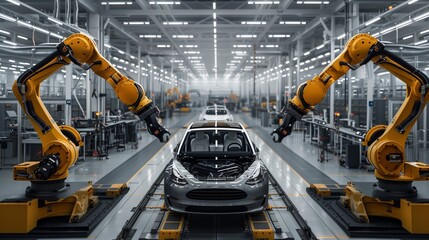 Poster - A large car factory with yellow robotic arms and black robots working on cars in the middle of an industrial hall