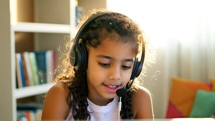 Poster - Teenage girl kid wearing a headset using laptop computer