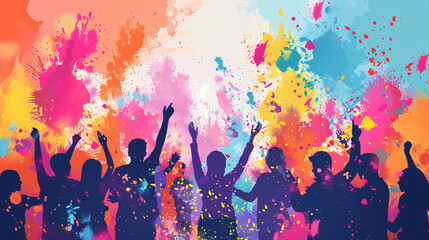 Illustration of people celebrating the colorful Holi festival in Nepal and India.