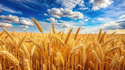 Poster - Vast field of golden wheat swaying in the summer breeze under a blue sky, agriculture, rural, countryside, farm, landscape