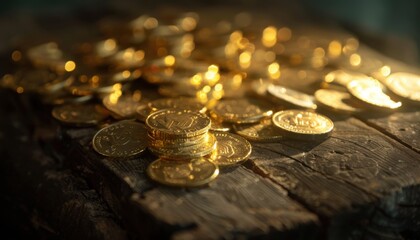 A pile of shining gold coins scattered on a rustic wooden surface, creating a sense of wealth and treasure.