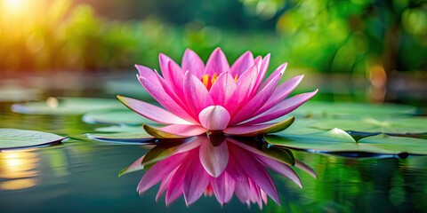 Poster - Vibrant pink lotus flower with delicate petals floating on calm water in a pond, flowers, nature, beautiful, serene