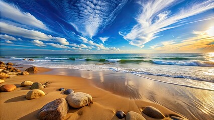 Poster - Soothing image of a harmonious tapestry of sand, rocks, beach, and endless blue skies , relaxation, tranquility, nature