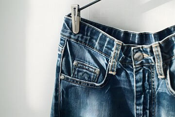 Classic blue denim jeans on a hanger, plain white background, natural lighting, detailed fabric texture