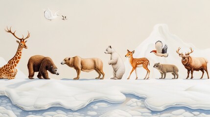 Wall Mural - Mammal evolution through time, illustrated with different species adapting to changing environments, highlighting natural selection and adaptation