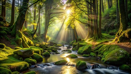 Poster - Sunlight filtering through the trees illuminating the mossy forest and stream scenery, sunlight, trees, moss, forest