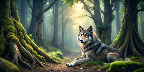 Poster - Tranquil forest scene with lone wolf resting under ancient trees, serene, solitude, peaceful, forest, wolf, shade, dappled