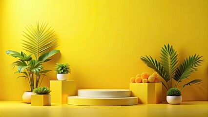 Canvas Print - Vibrant summer display with yellow podium product background , summer,display, product, vibrant, background, podium