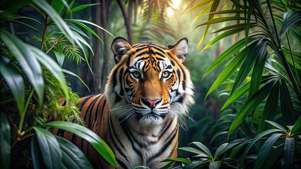 Wall Mural - tiger hidden in a dense jungle setting, tiger, lurking, lush, jungle, wildlife, predator, camouflage