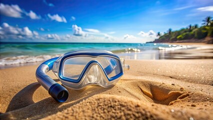 Wall Mural - Snorkel and mask lying on the sandy beach, with a blurred background, snorkeling, mask, beach, vacation, travel, diving