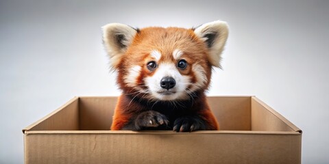 Poster - Red panda sitting inside a cardboard box , cute, adorable, furry, animal, panda, playful, funny, curious, wildlife, mammal