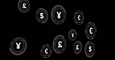 Poster - Floating digital currency symbols representing global finance and cryptocurrency trends